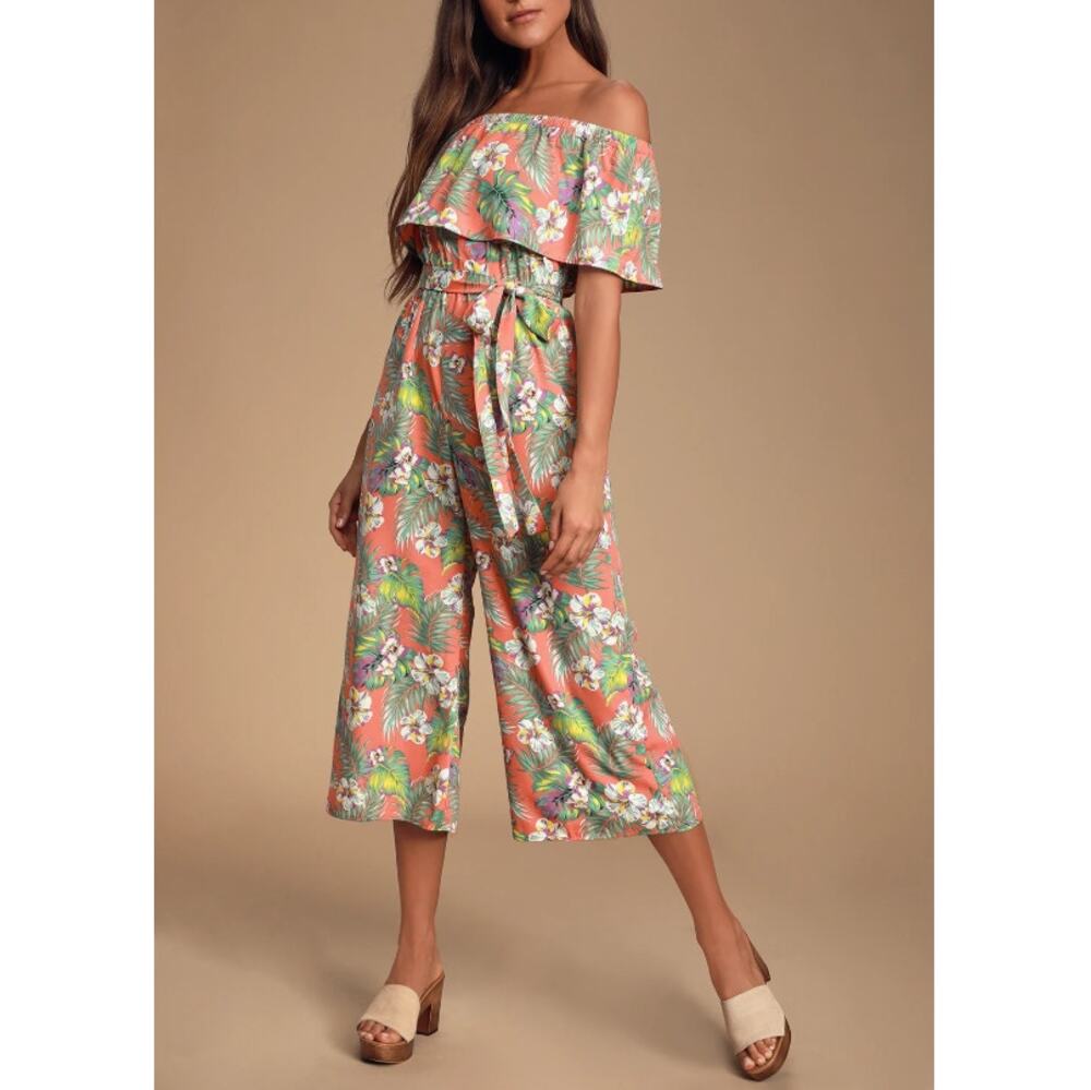 New LULU'S Women's Raquell Coral Tropical Print Off-The-Shoulder Jumpsuit Size S